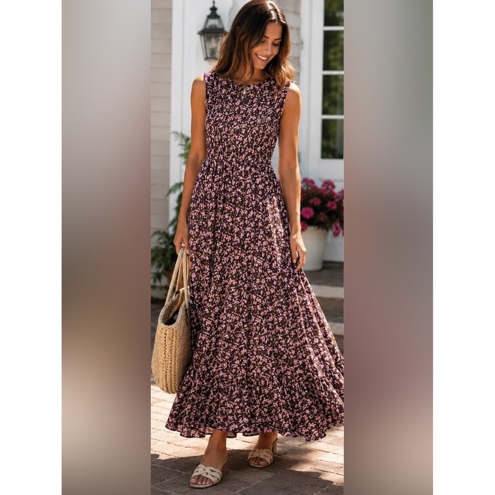 Caroline Constas Smocked Floral Maxi Dress Burgundy Pink Cotton Sleeveless L